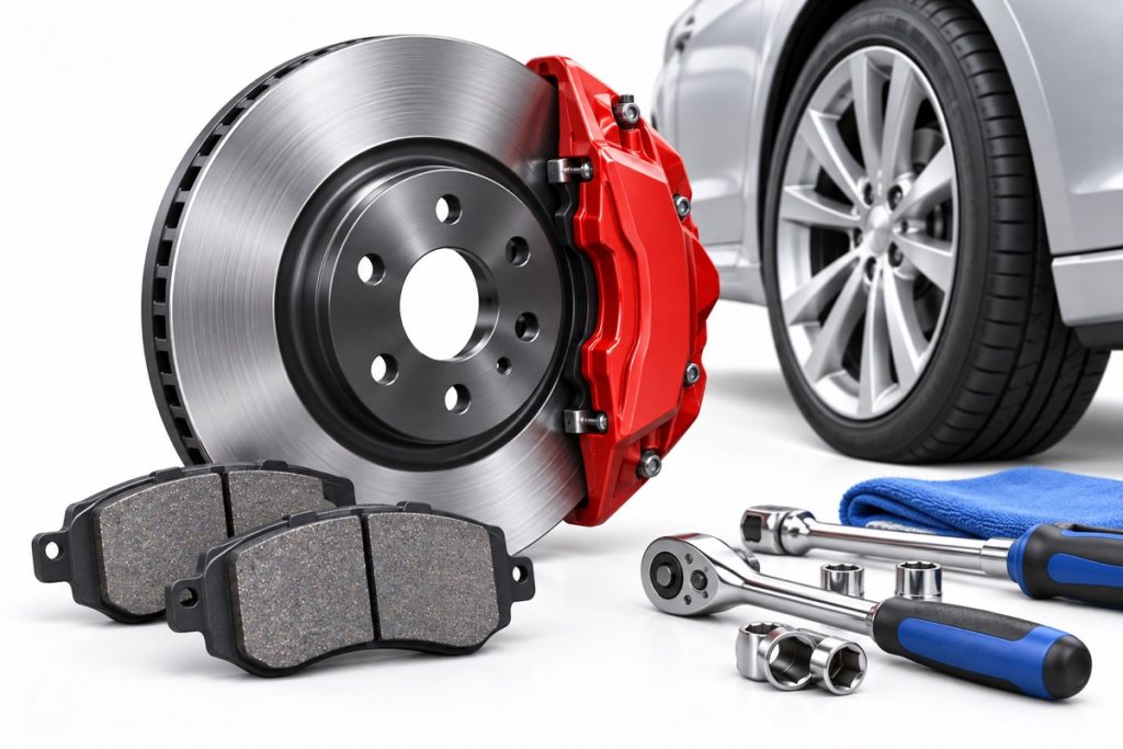 Illustration of a brake disc, caliper and pads
