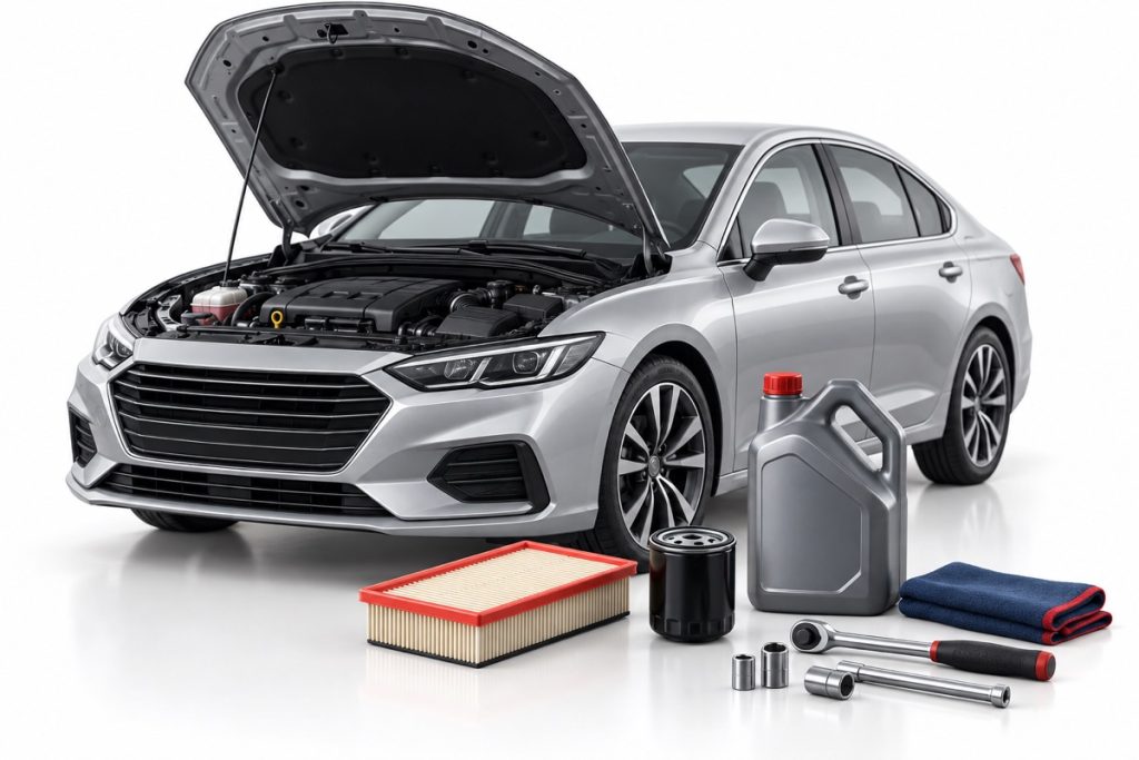 Illustration of a car with servicing tools and filters