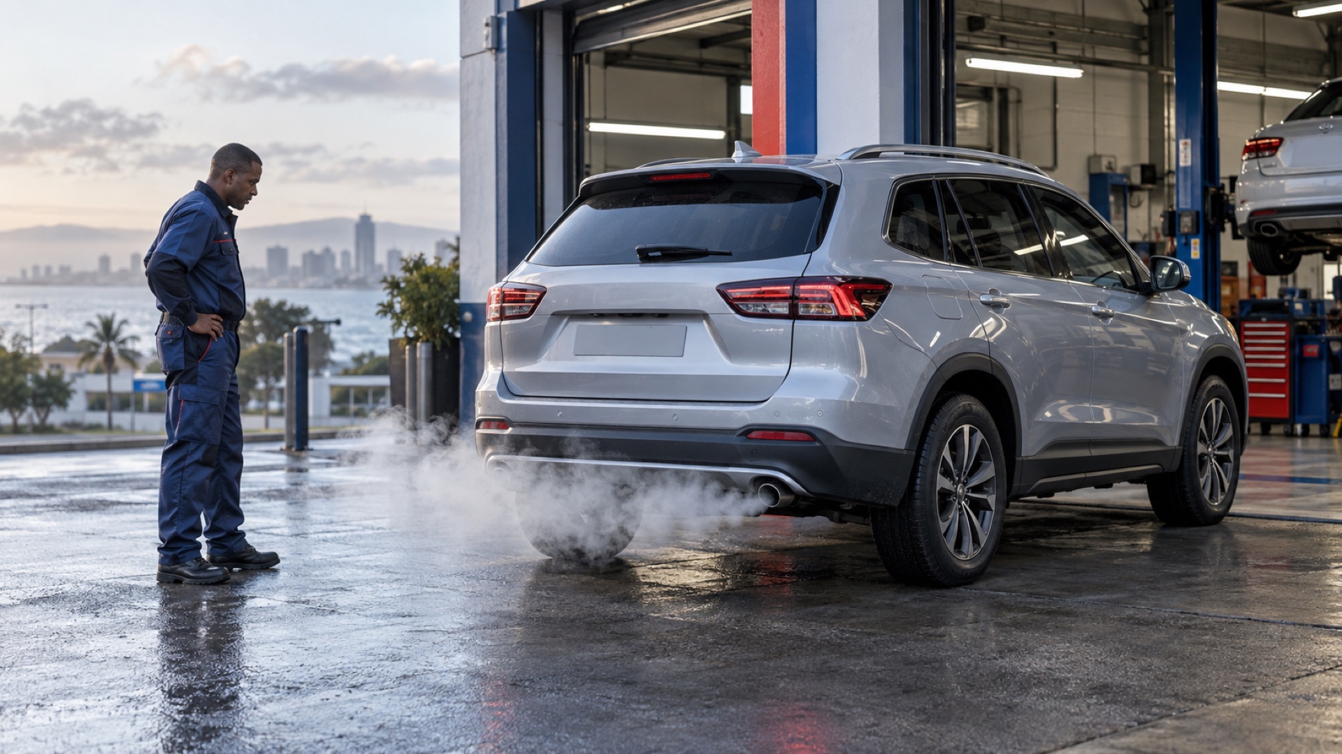 White smoke from exhaust inspected at a Durban automotive workshop