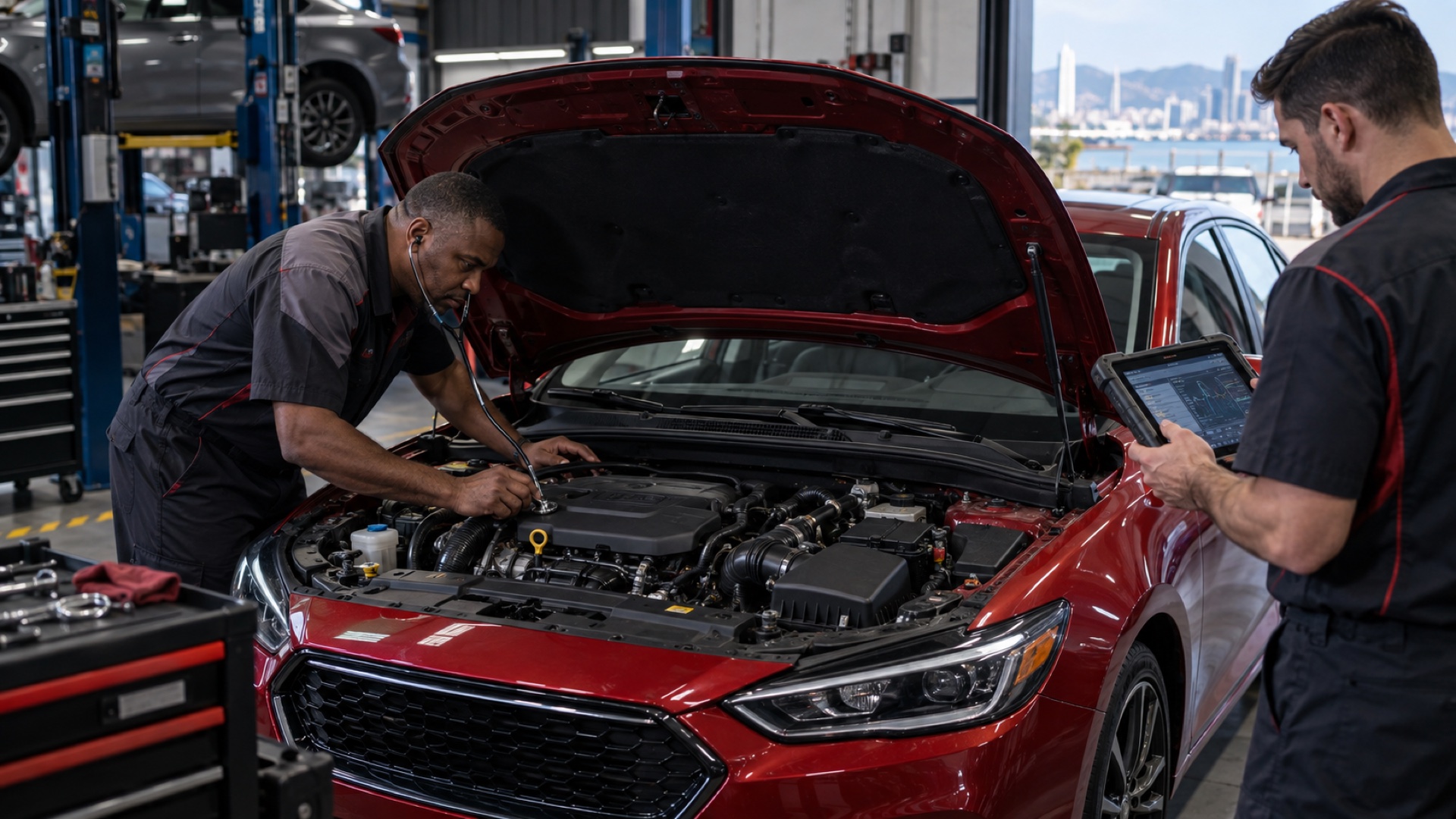 Technicians diagnosing an engine knocking noise in a Durban workshop