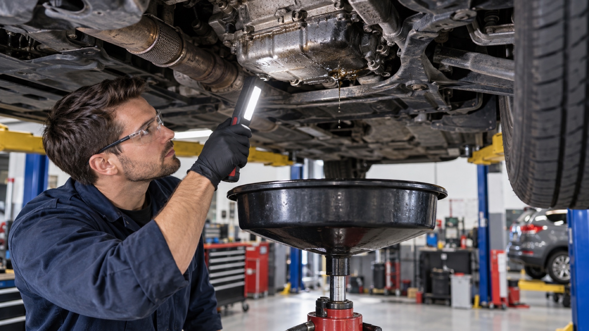 Technician tracing common oil leak causes beneath a car in Durban