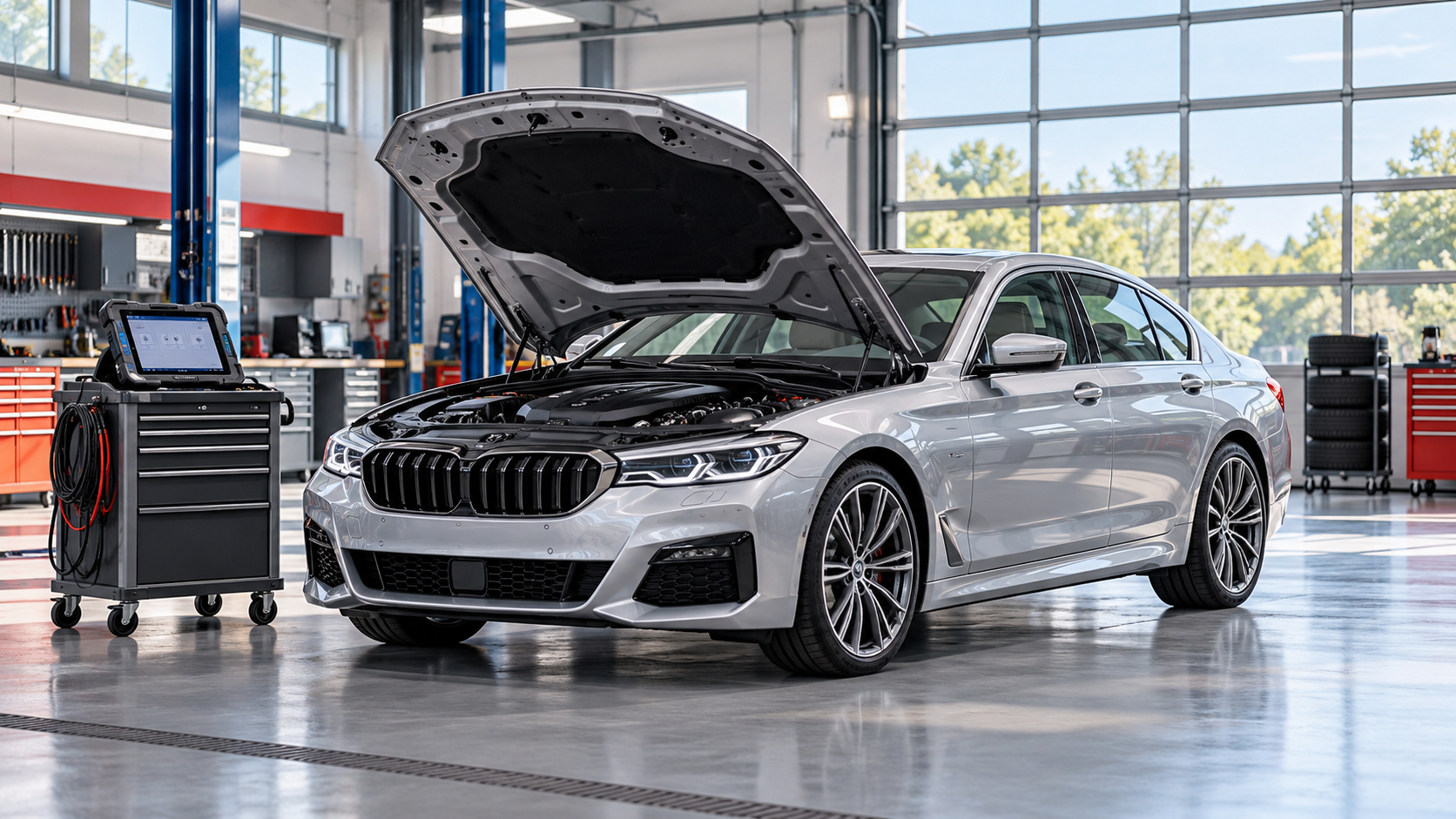 Car diagnostic test cost guide: illustrated sedan beside a diagnostic tablet