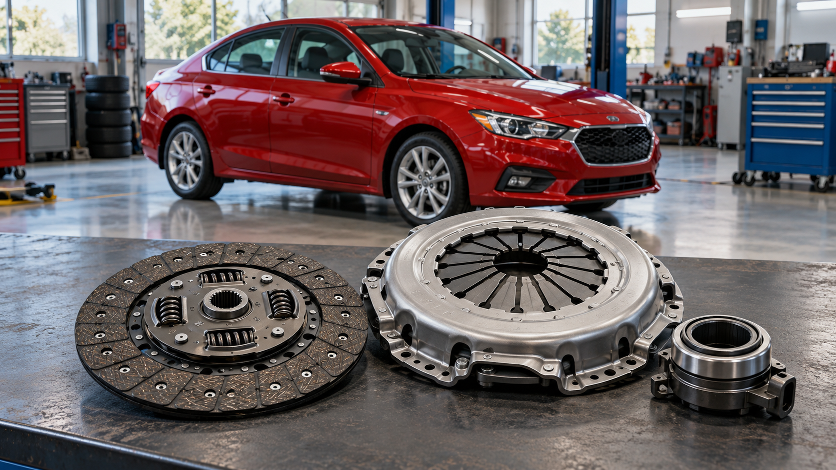 Clutch replacement cost guide: illustrated clutch components with a red sedan