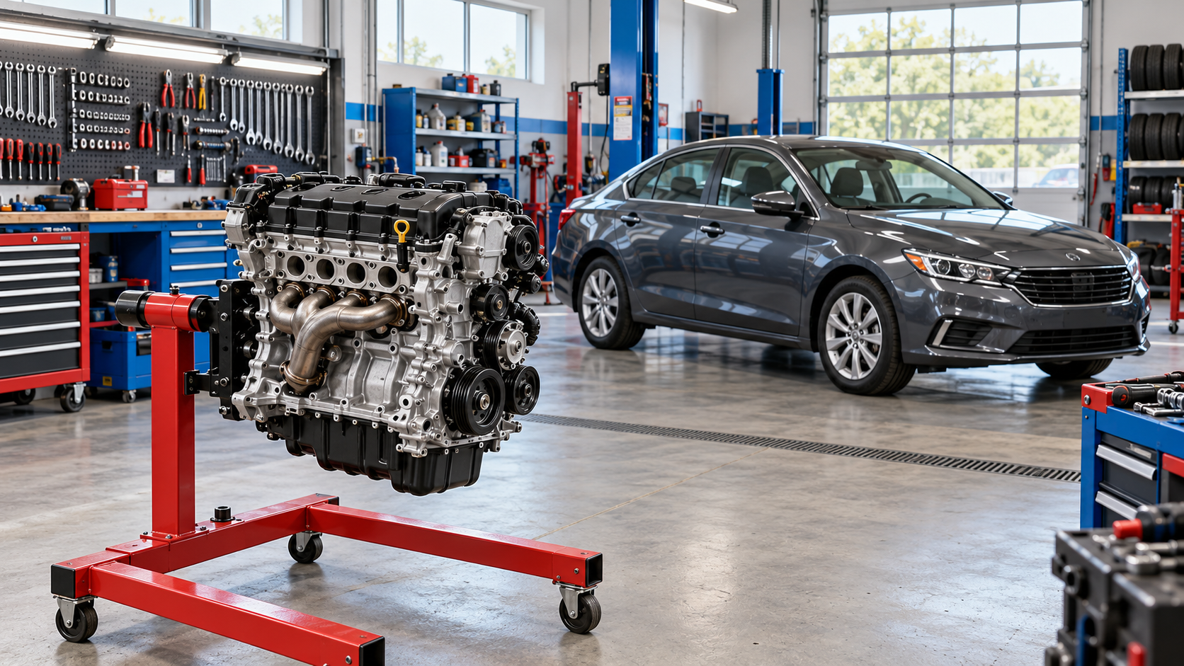 Engine overhaul cost guide: illustrated engine on a stand beside a sedan