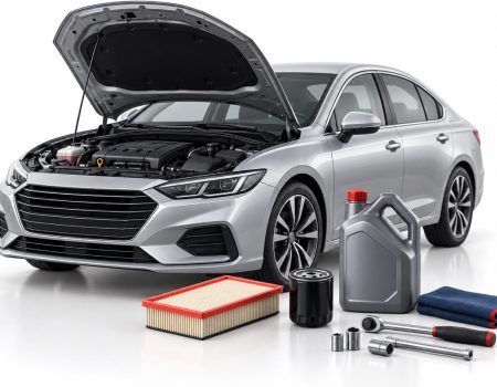 Illustration of a car with servicing tools and filters